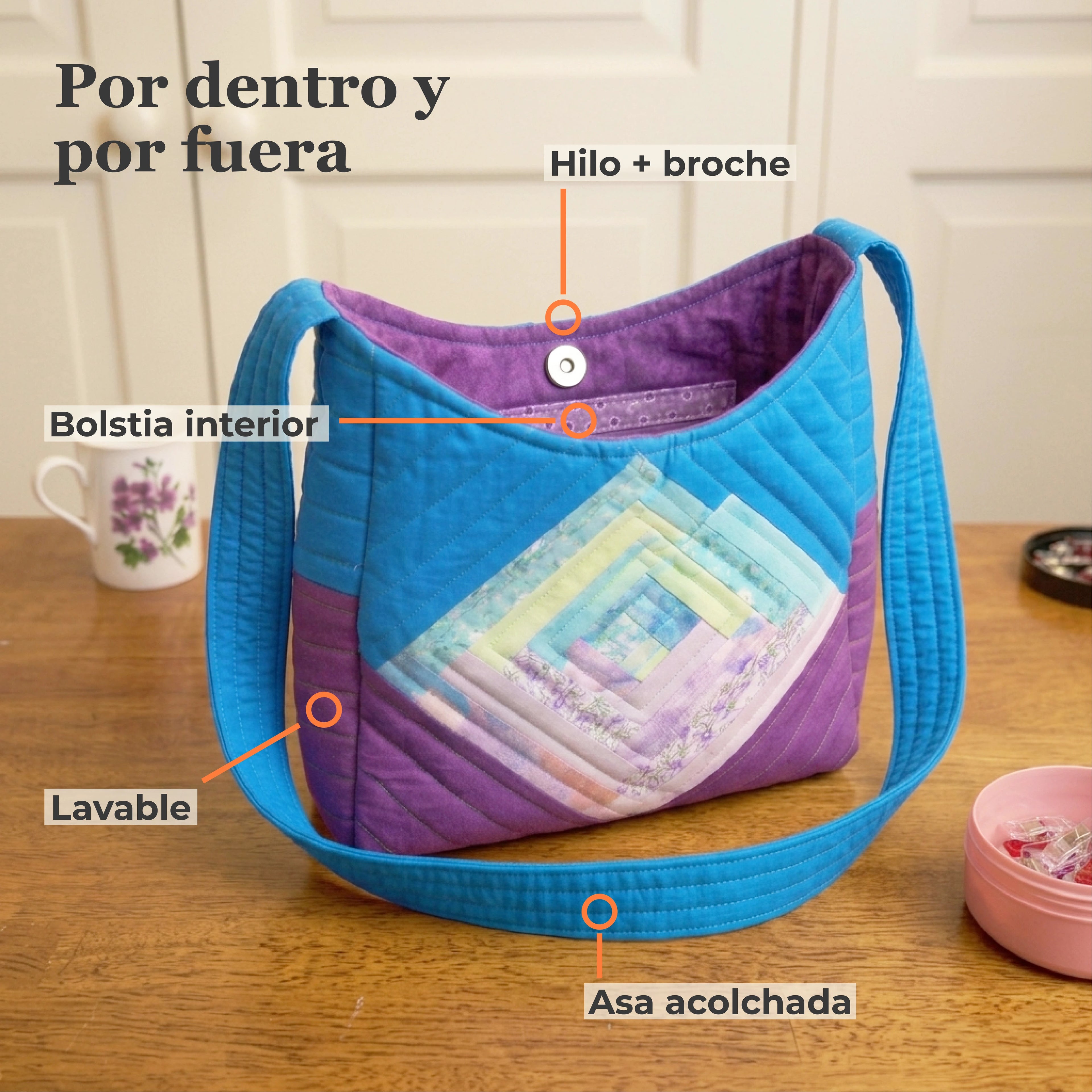 Detalles de la bolsa de patchwork terminada: broche, bolsa interior, asa acolchada y tela lavable