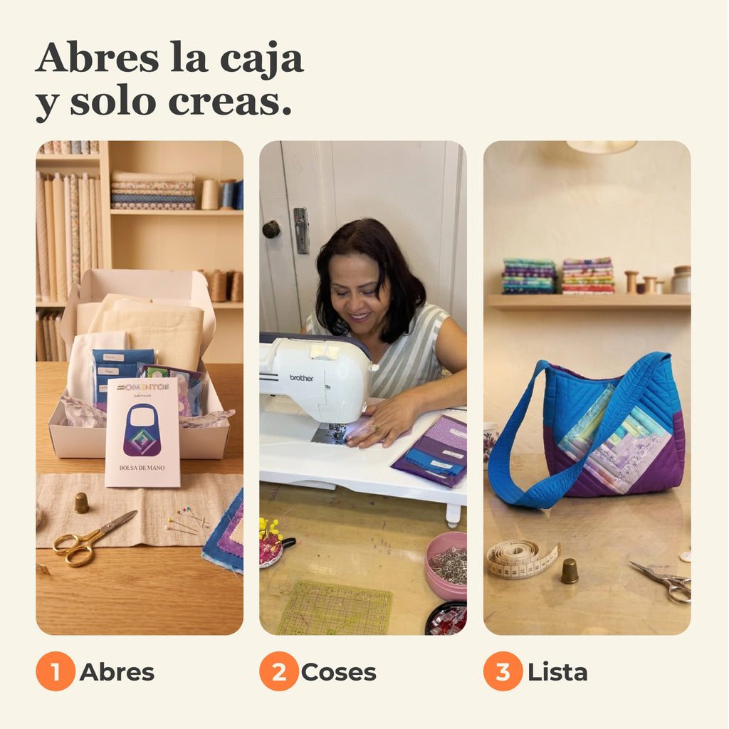 Los 3 pasos del kit de patchwork: abres la caja, coses tu pieza y queda lista tu bolsa de mano