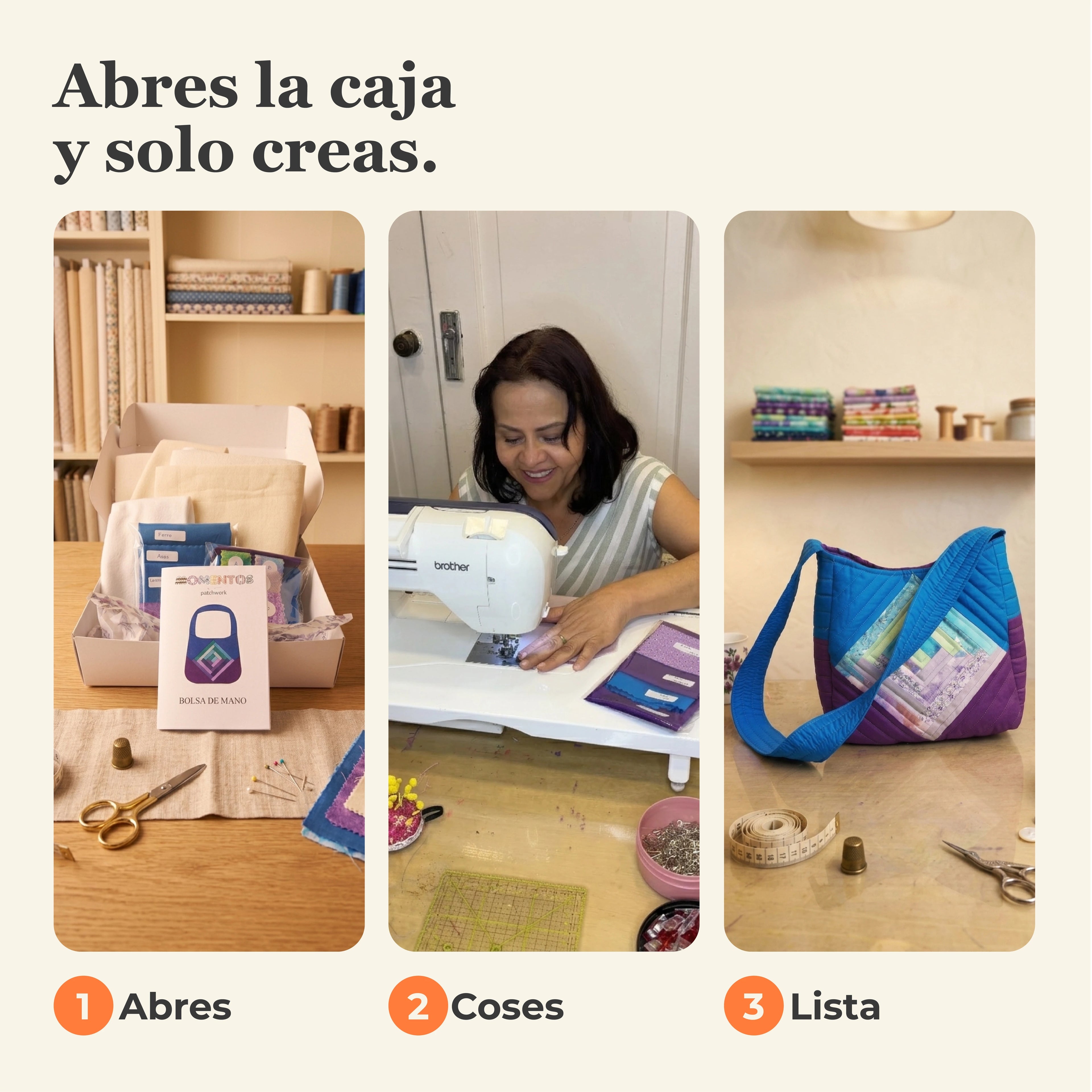 Los 3 pasos del kit de patchwork: abres la caja, coses tu pieza y queda lista tu bolsa de mano