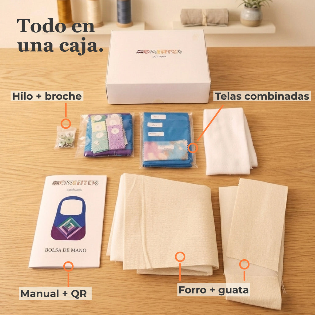 Contenido del kit de patchwork Momentos: caja, telas combinadas, hilo, broche, forro, guata y manual con QR