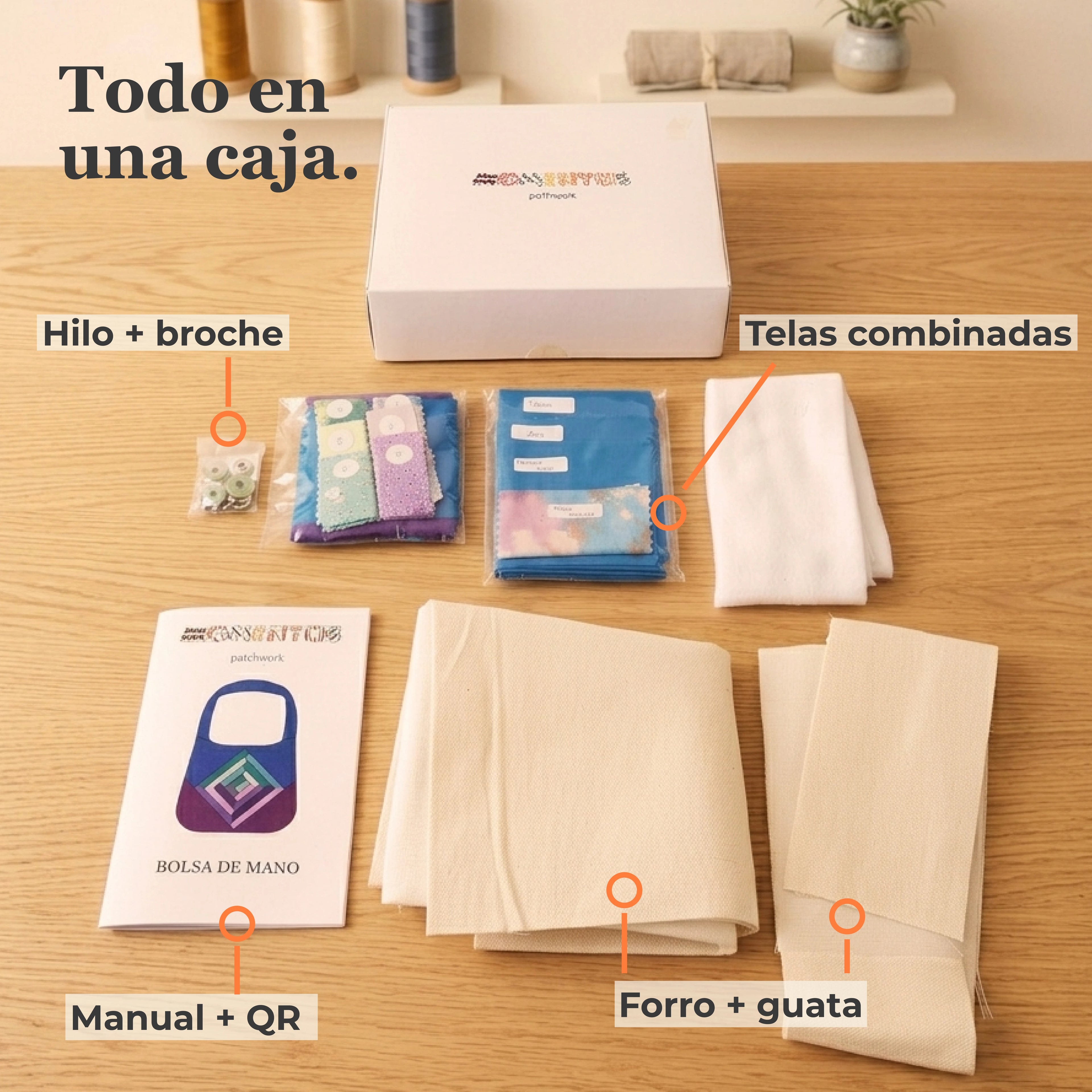 Contenido del kit de patchwork Momentos: caja, telas combinadas, hilo, broche, forro, guata y manual con QR