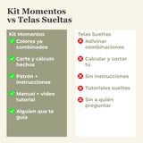 Comparativa Kit Momentos vs telas sueltas: colores combinados, corte hecho, patron, manual y guia incluidos